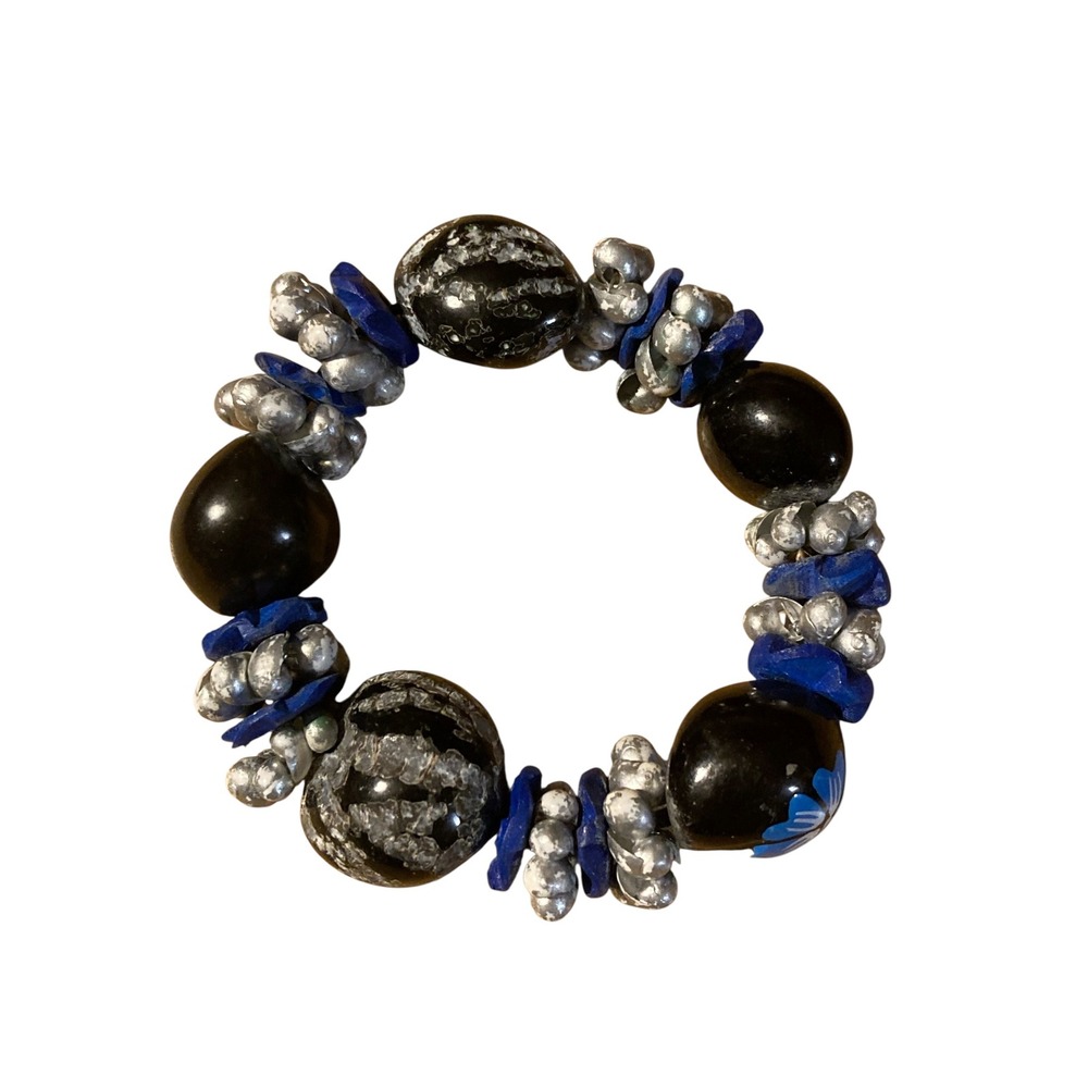 Artisanal Beaded Stretch Bracelet Black Blue Silver Hibiscus Flower Tropical